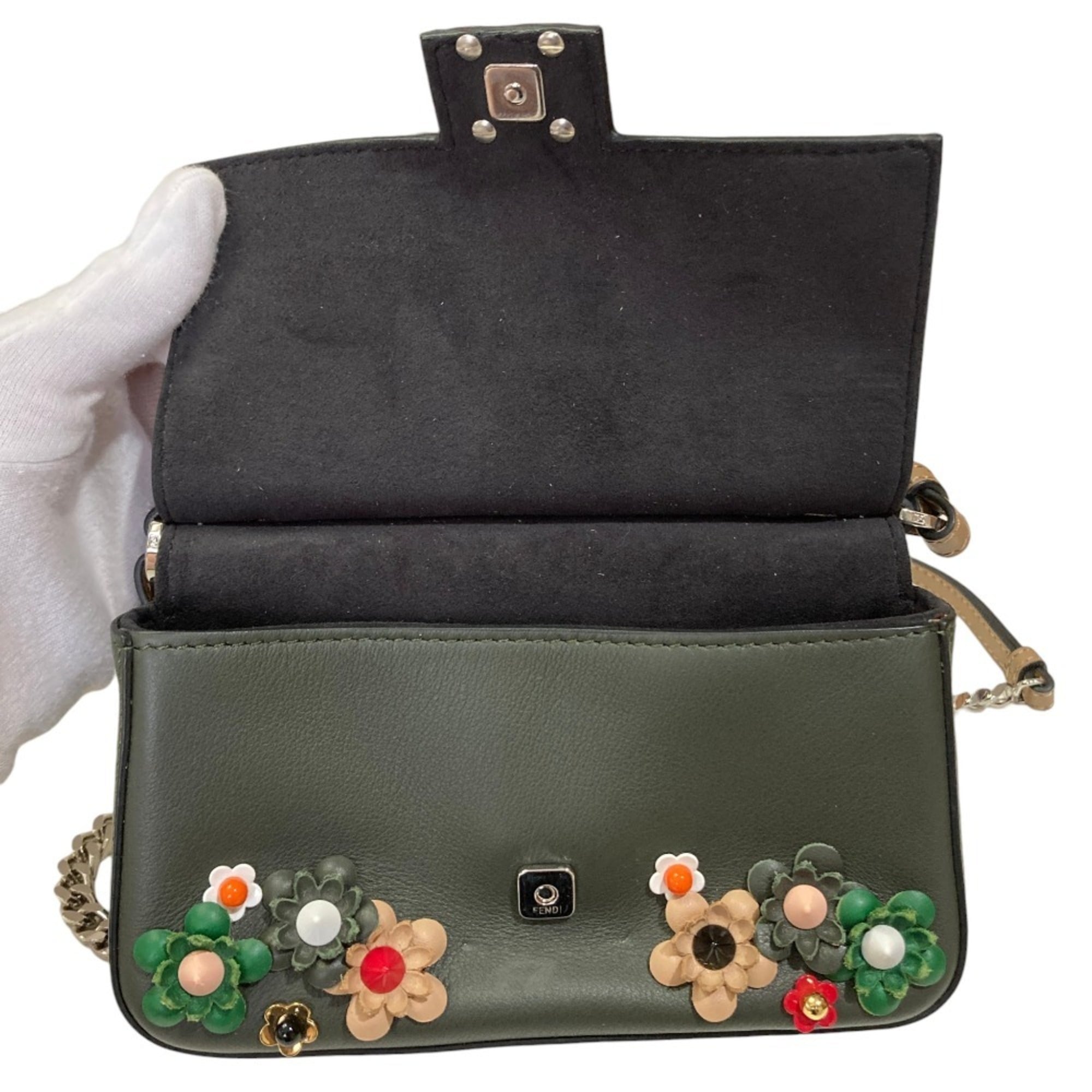 FENDI Fendi Applique Stud Flowerland Micro Double Bucket Chain Shoulder Bag Khaki Women's — Like New