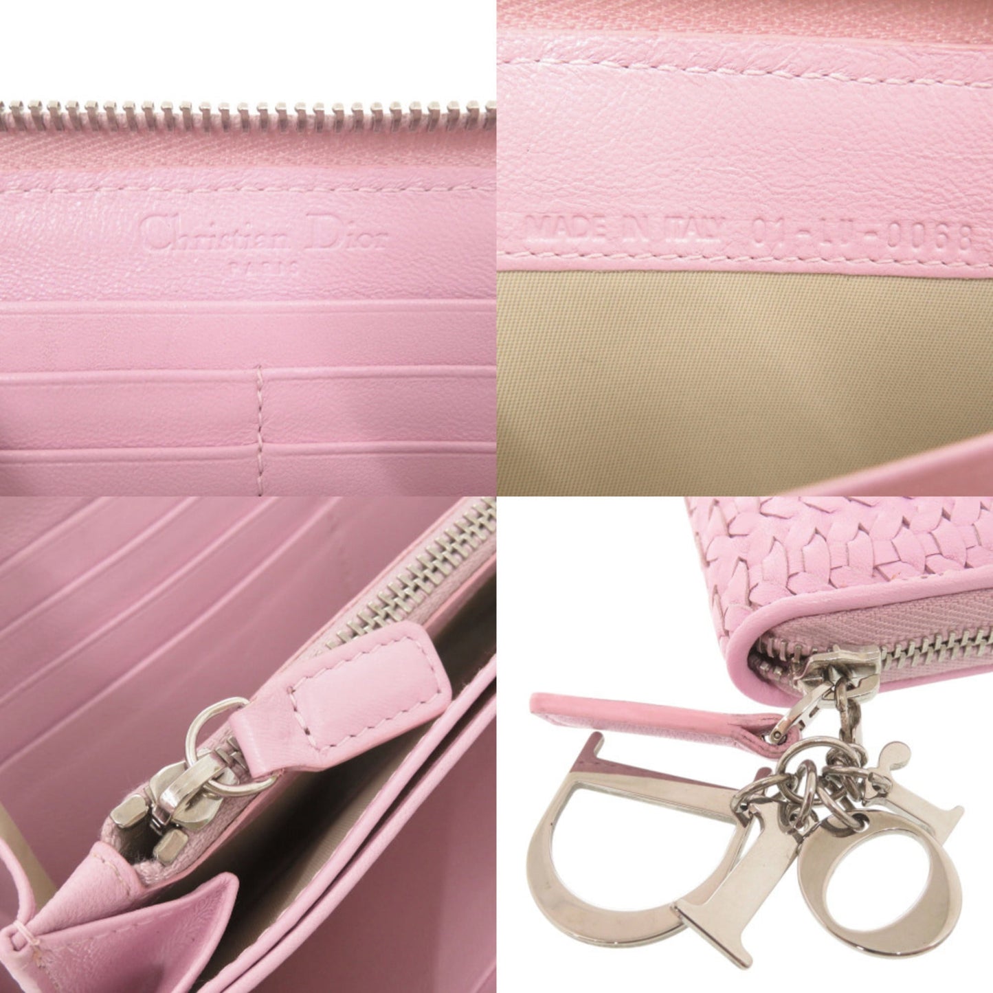 Excellent condition Christian Dior braided leather pink round zipper long wallet 1634