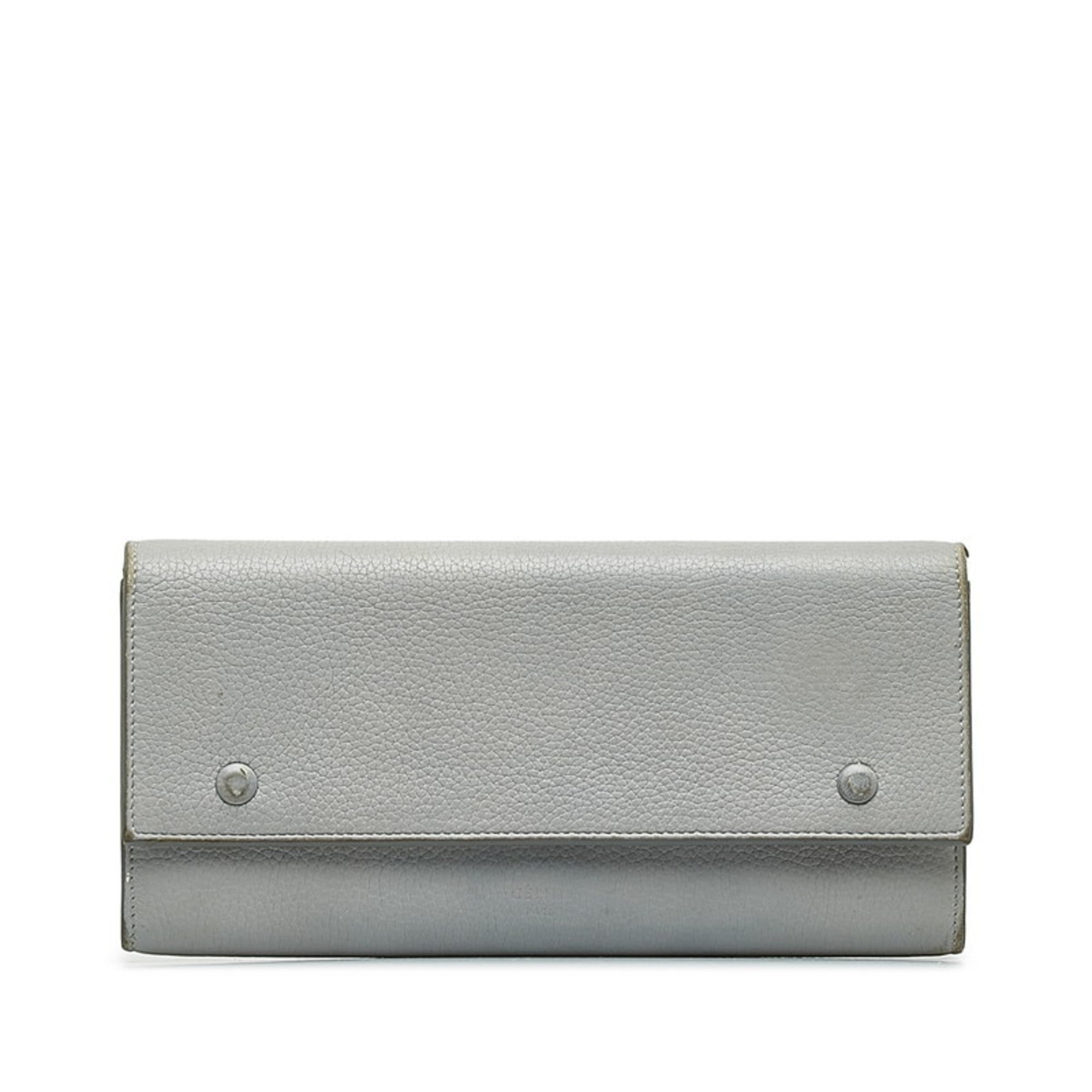 CELINE Large Flap Multi-Function Long Wallet 101673 Grey Leather Women's