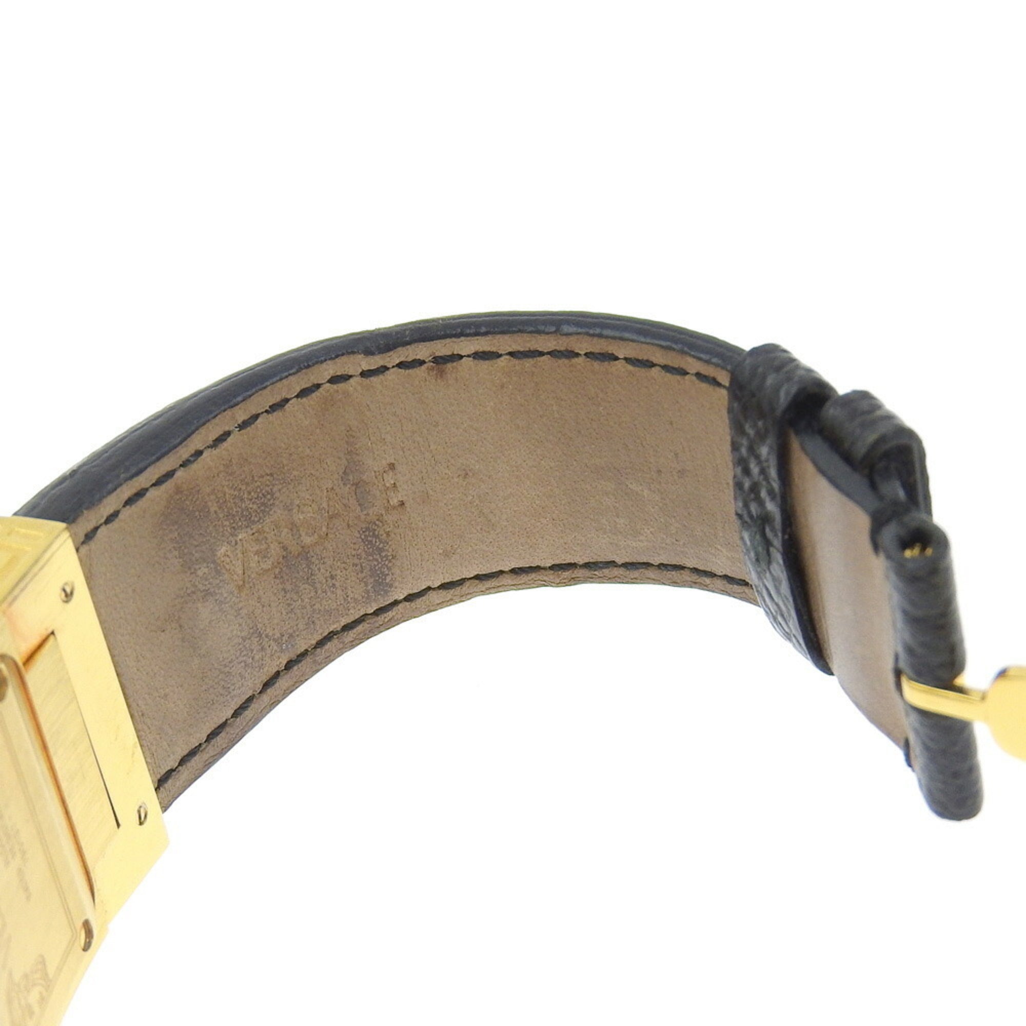 Versace VERSACE ALQ90 Rectangular Black Dial GP/Leather Quartz Watch Battery Women's — Good