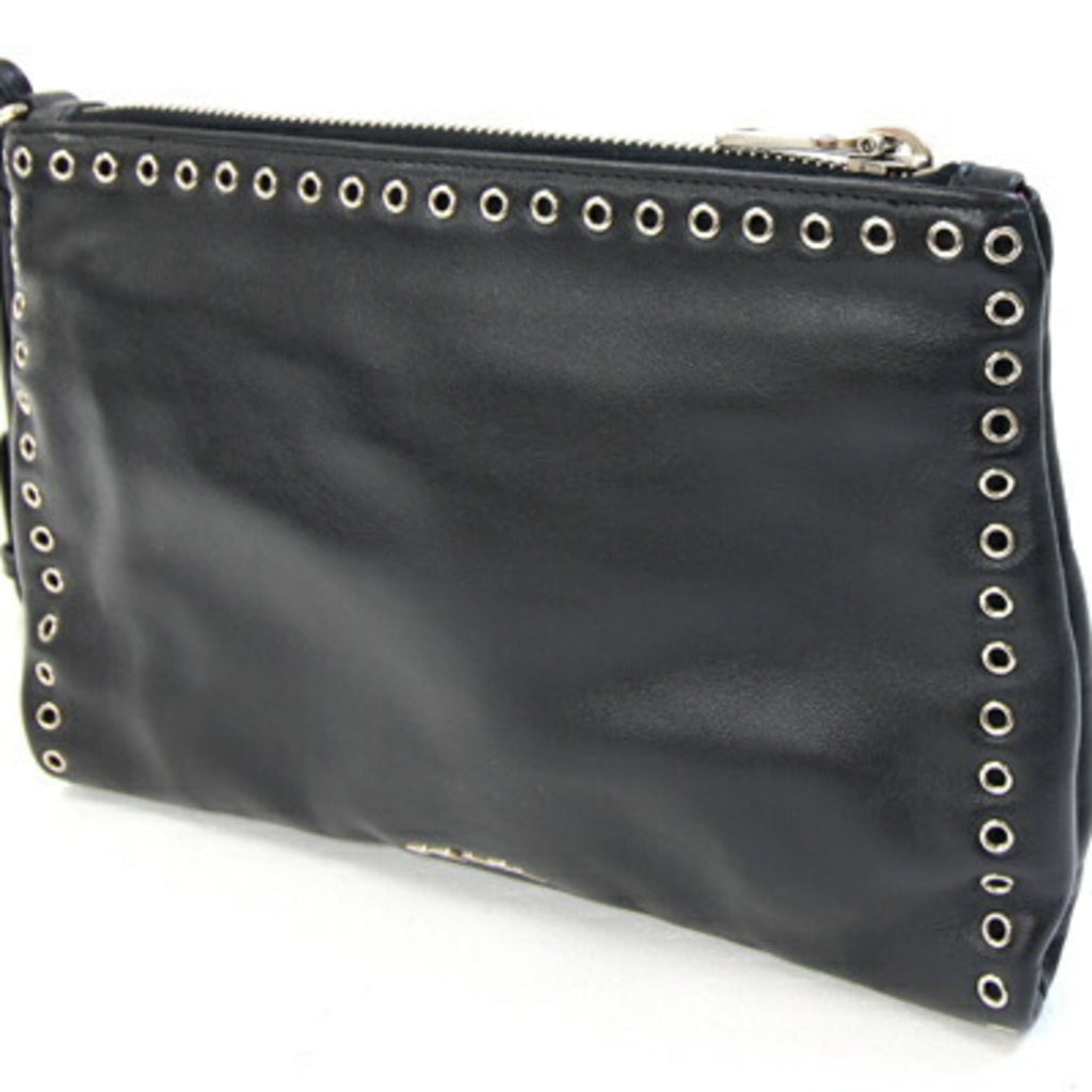 Prada Clutch Bag 1N1825 Black and Red Leather with Strap, Mini Pouch, Punching, Beads, Studs, Women's, PRADA