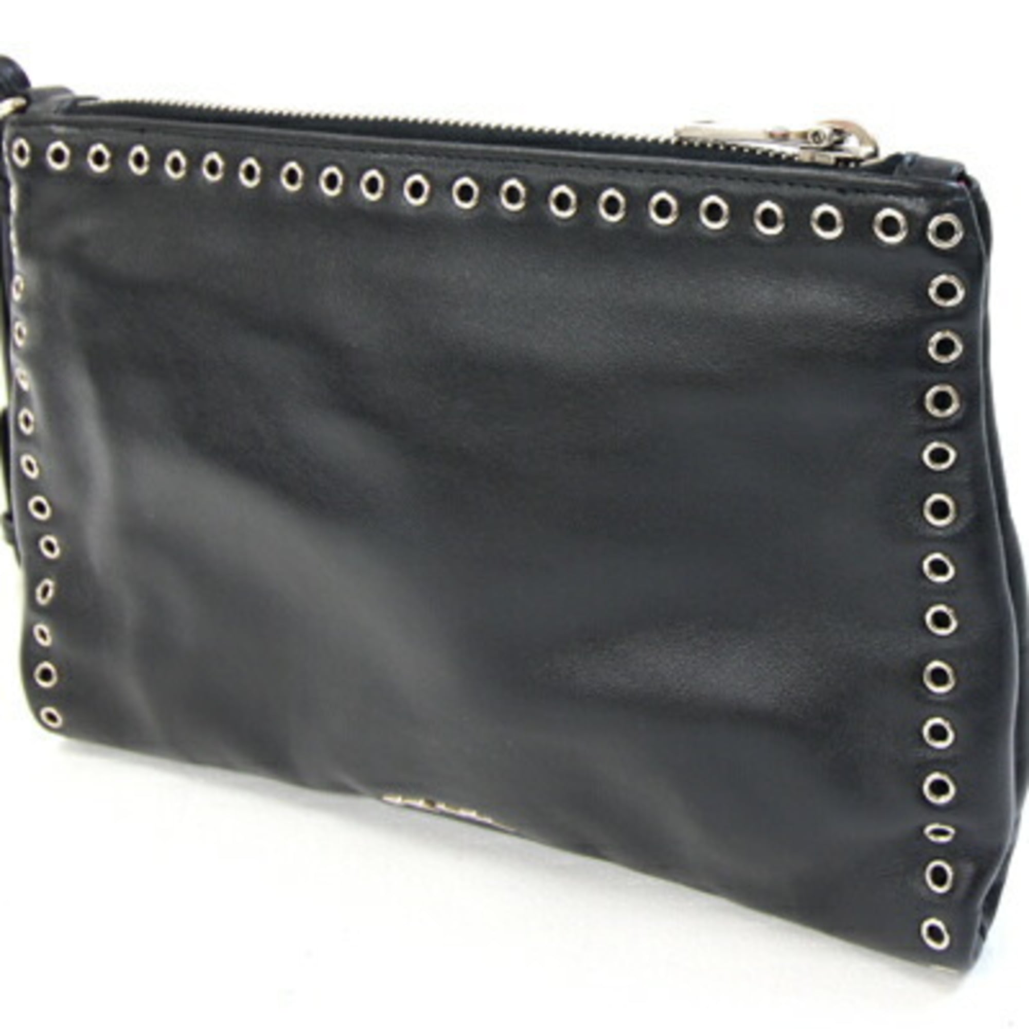 Prada Clutch Bag 1N1825 Black and Red Leather with Strap, Mini Pouch, Punching, Beads, Studs, Women's, PRADA