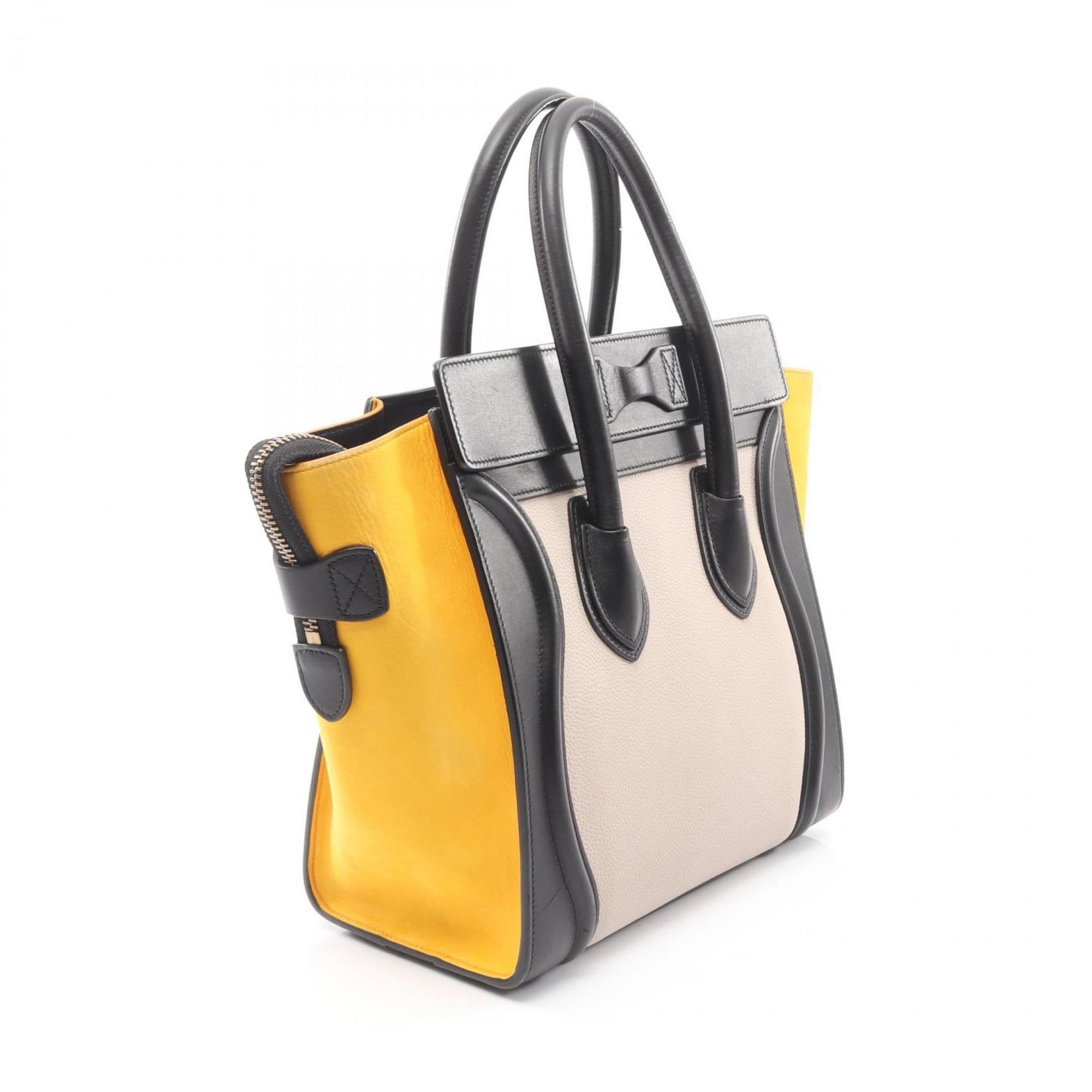 Celine Luggage Micro Shopper Handbag, Leather, Women's, Black, Ivory, Yellow