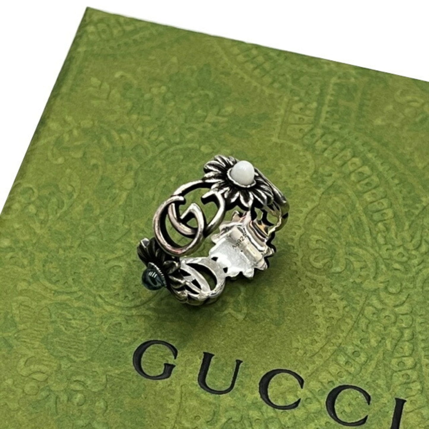 GUCCI Double G Mother of Pearl Ring Gucci Flower Interlocking Blue Sterling Silver GG Turquoise