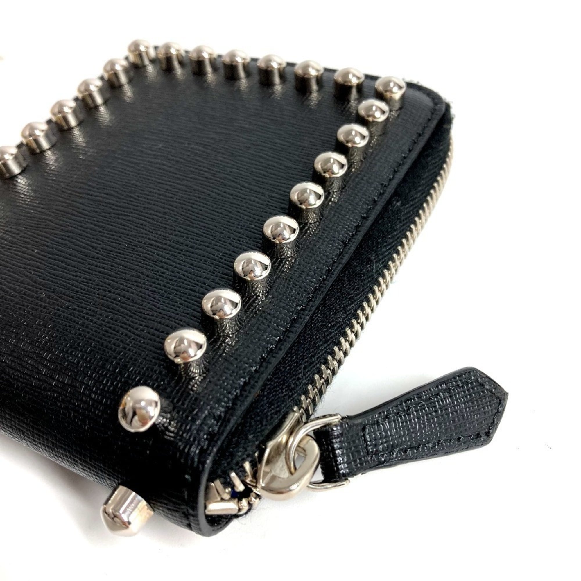 FENDI 7M0197 Karl Lagerfeld Round Zip Compact Wallet with Chain, Black Leather, Men's and Women's