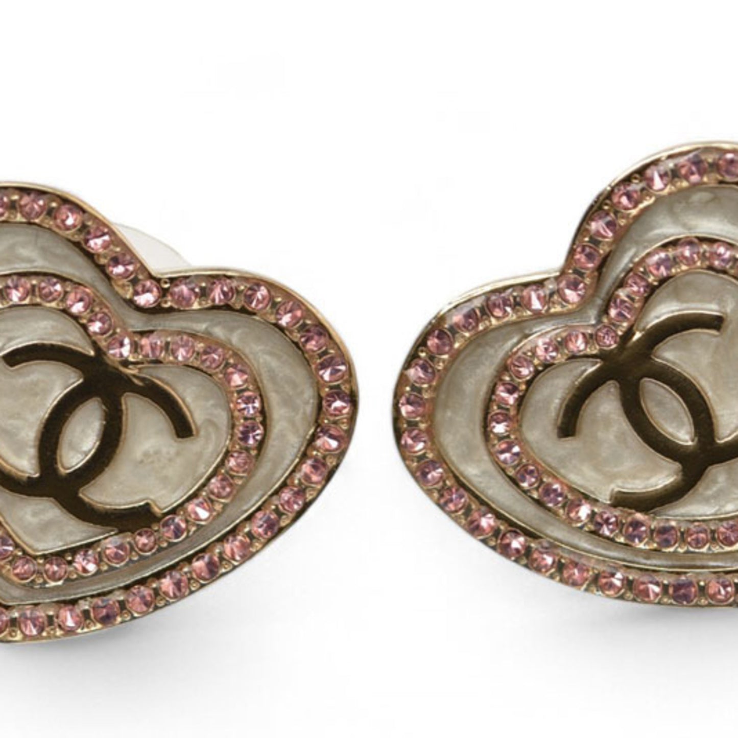 Chanel Earrings CHANEL CC Heart Motif Rhinestone Rose Gold B24