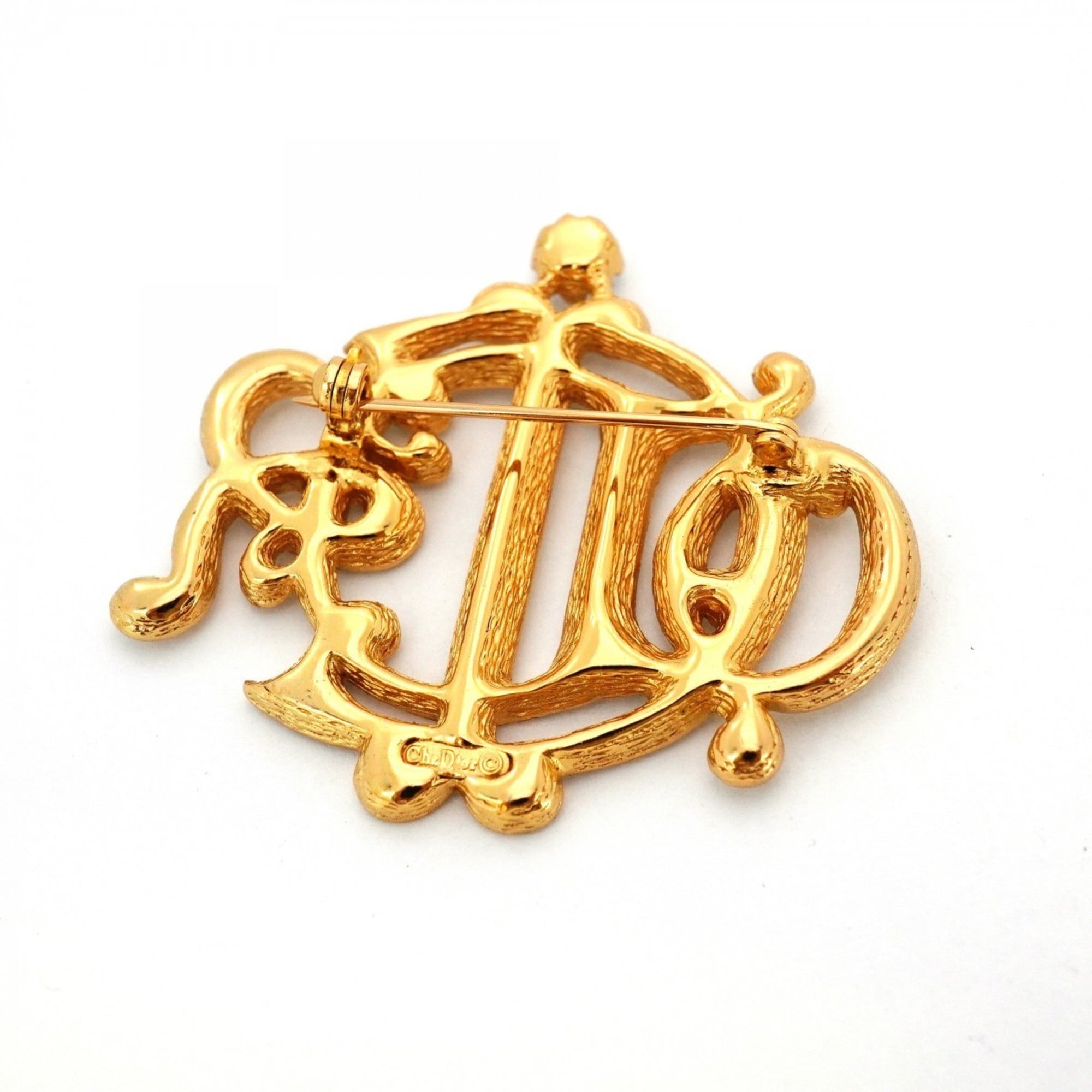 Christian Dior Brooch Emblem GP Plated Rhinestone Gold for Women