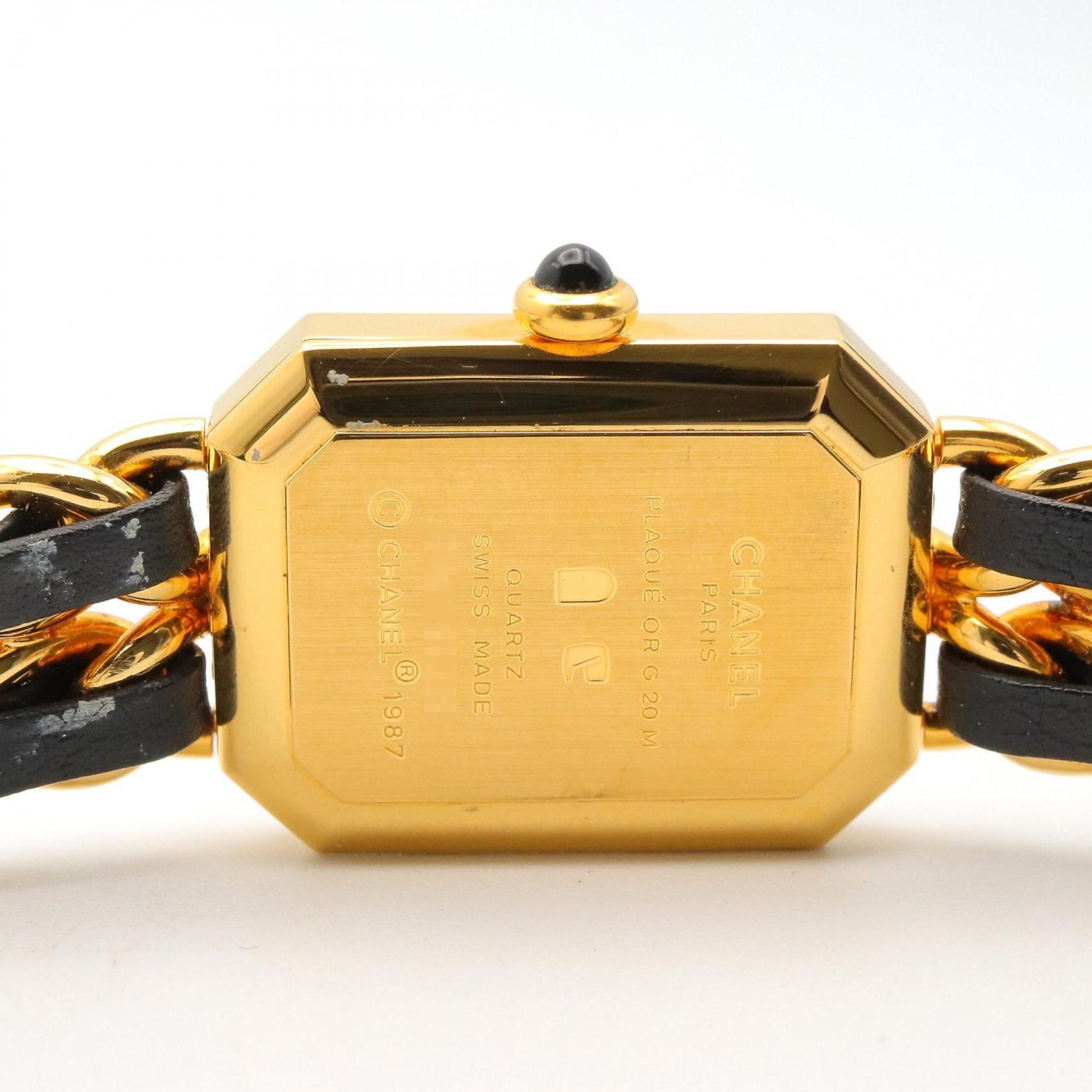 CHANEL Premiere M Watch, Gold-Plated, with Leather Strap, Black, Women's, H0001 — Very Good
