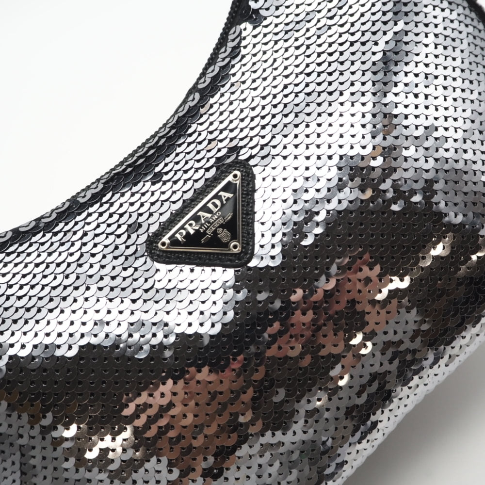PRADA Nylon Re-Edition Sequin Hobo Handbag WS22477 Silver Black Women's — New - Store Return