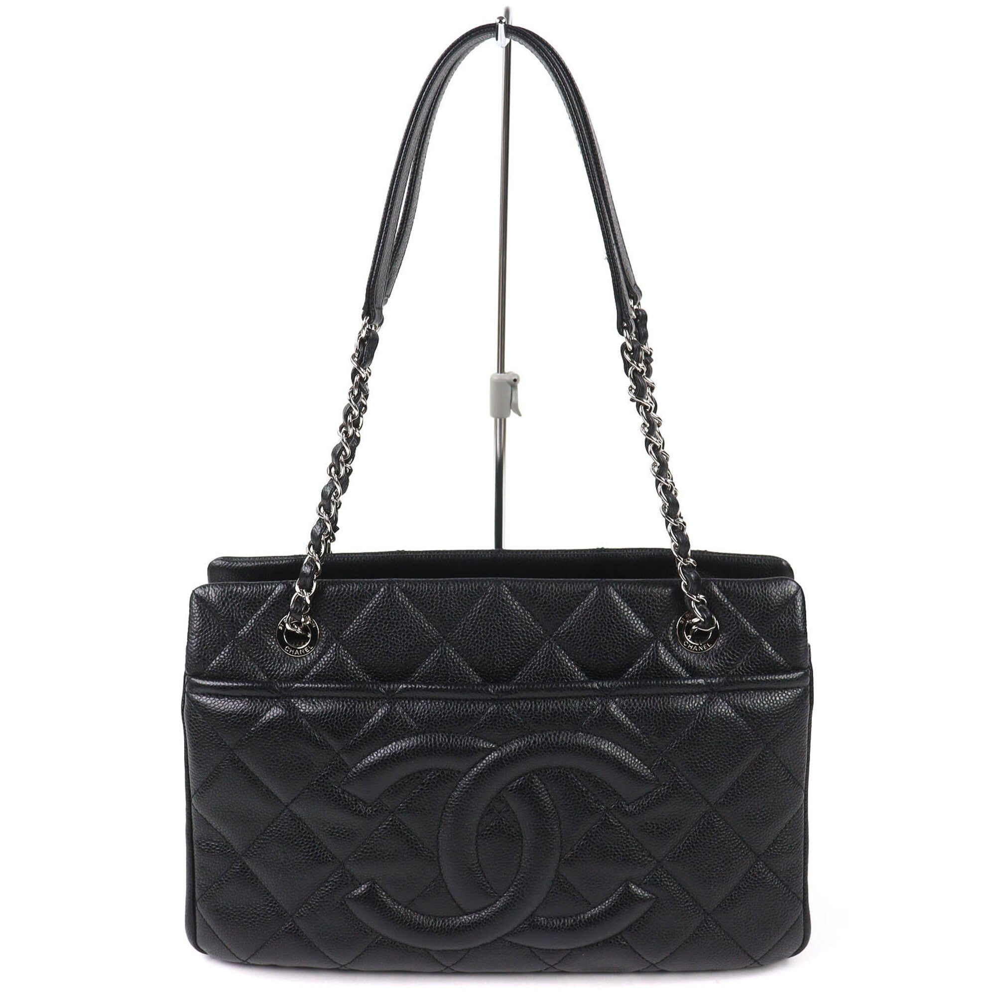 CHANEL A67294 Caviar Skin Coco Mark Matelassé Chain Tote Bag, Black with Silver Hardware, Comes Dust Made in Italy, Women's, Very Popular, Highly Recommended ◎ — Like New