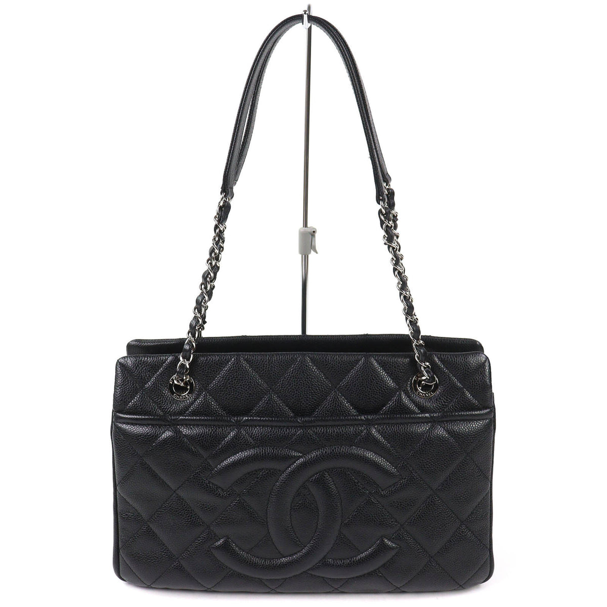 CHANEL A67294 Caviar Skin Coco Mark Matelassé Chain Tote Bag, Black with Silver Hardware, Comes Dust Made in Italy, Women's, Very Popular, Highly Recommended ◎ — Like New
