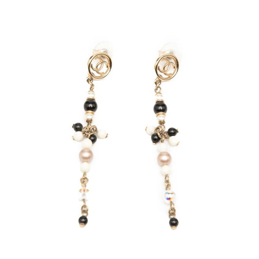Chanel Coco Mark Swing Earrings, Gold, Multicolor Plated, Faux Pearl, Women's, CHANEL