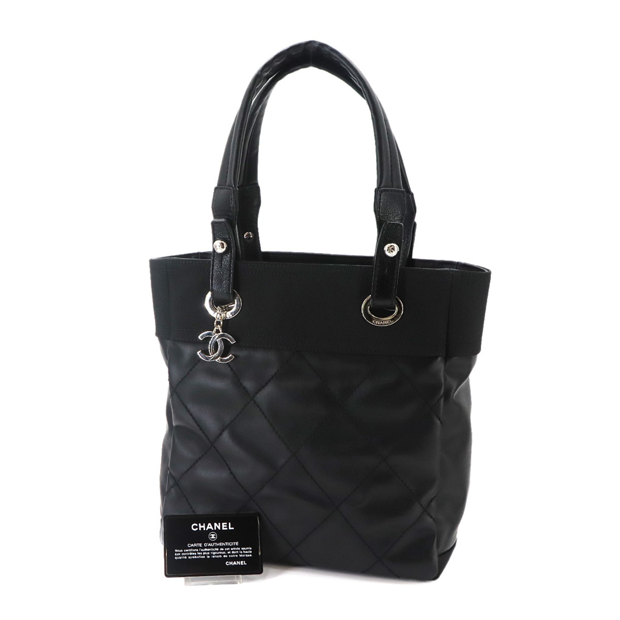 Chanel Paris Biarritz PM Tote Handbag, Nylon and Leather, Black, A34208, Silver Hardware — Like New