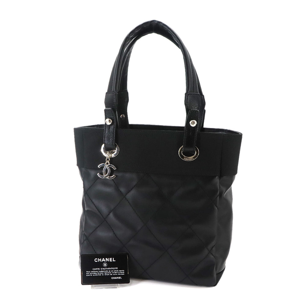 Chanel Paris Biarritz PM Tote Handbag, Nylon and Leather, Black, A34208, Silver Hardware — Like New