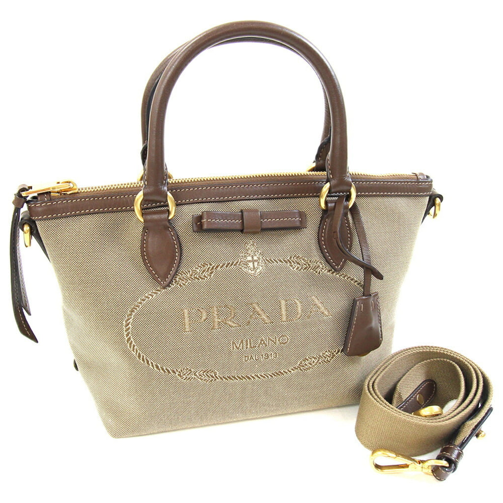 Prada Handbag 1BA111 Beige Brown Canvas Leather Shoulder Ribbon Women's PRADA