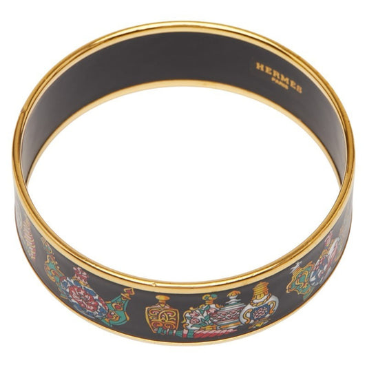Hermes GM Enamel Cloisonne Bangle in Black and Gold Plated for Women