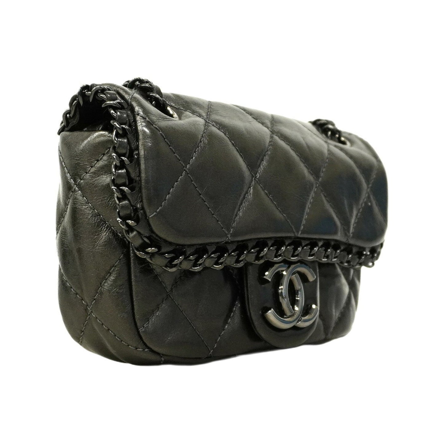 Chanel Matelasse Shoulder Bag with Double Chain, Calfskin, Black, Women's