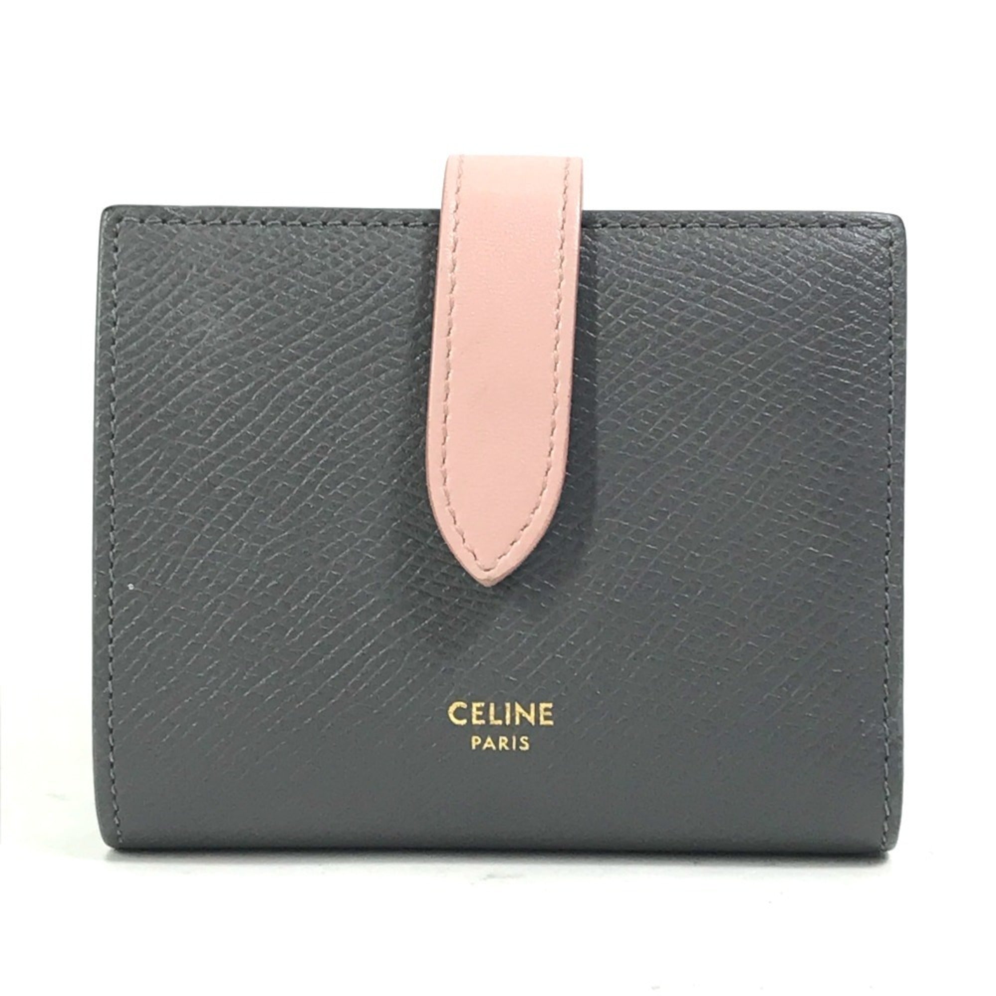 CELINE 10H263BRU.10GV Two-Tone Small Strap Wallet, Compact Tri-Fold Leather Women's, Gray and Pink