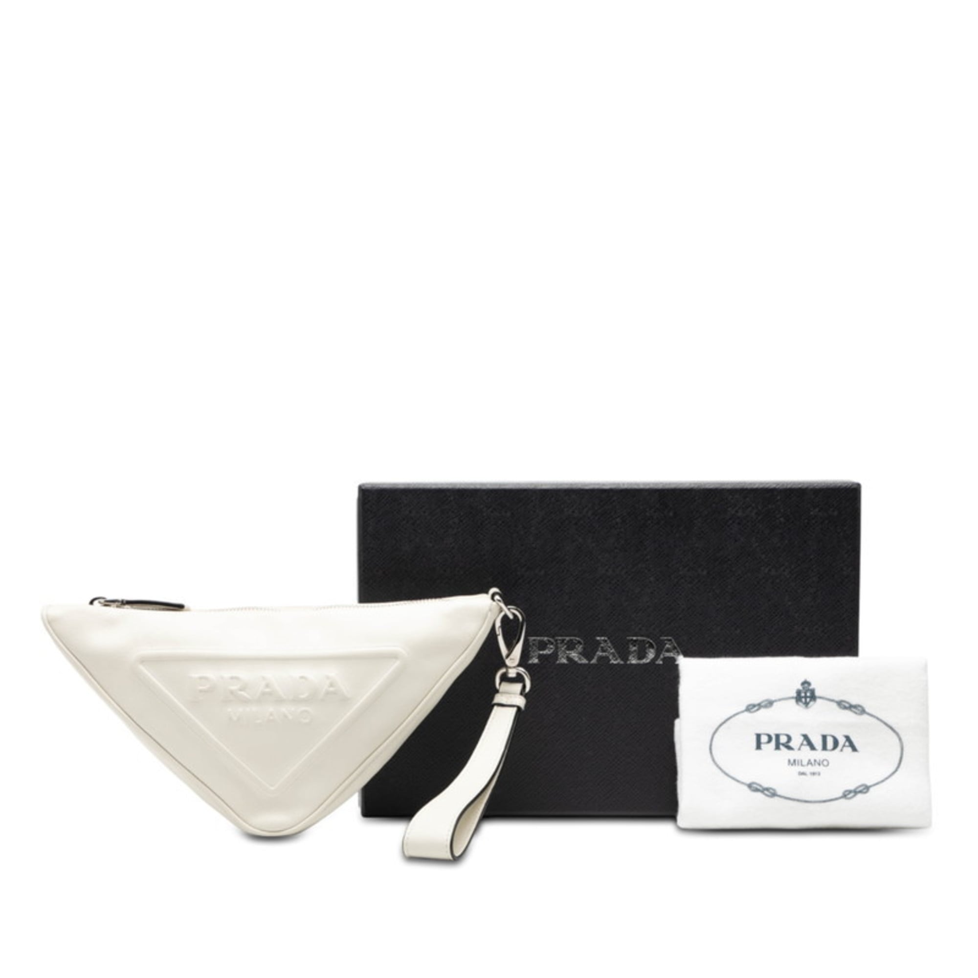 Prada Triangle Logo Plate Pouch Clutch Bag 1NE039 White Leather Women's PRADA