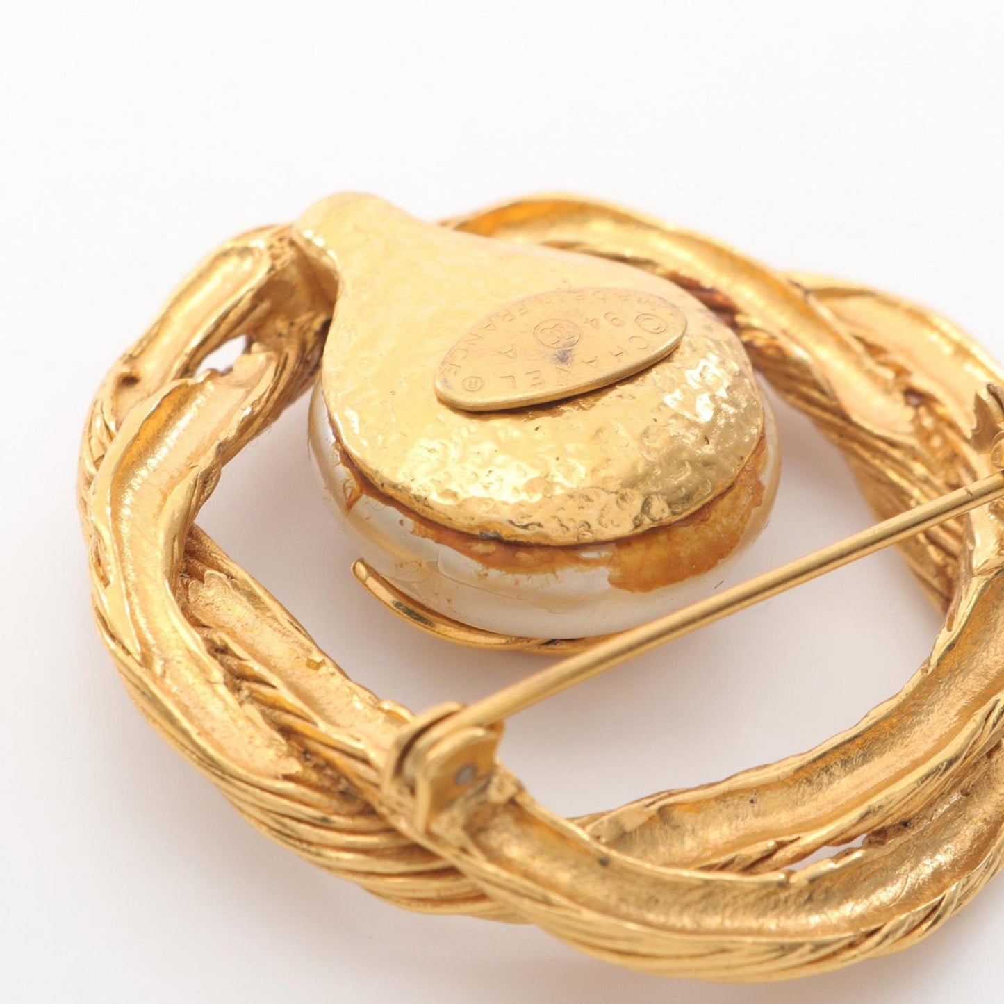 Chanel Coco Mark Brooch, Gold Plated with Faux Pearls, Women's, and White