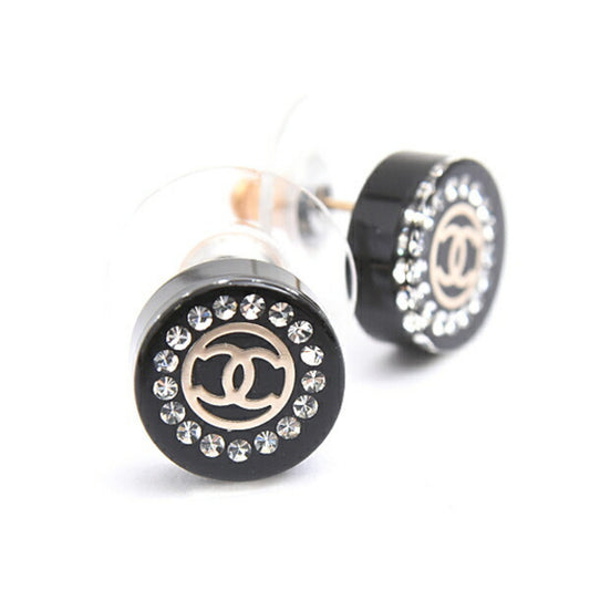 Chanel Women's Coco Mark Round Earrings with Clear Stones and Black Resin Plastic, CHANEL 17A