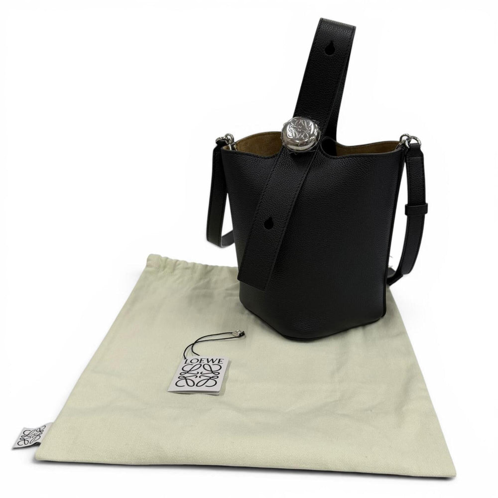 LOEWE AANBBBMX31 Pebble Bucket Bag Mini Soft Grain Calf Anagram Leather 2-Way Shoulder Black Silver Hardware Made in Spain Women's Comes with Dust — Like New