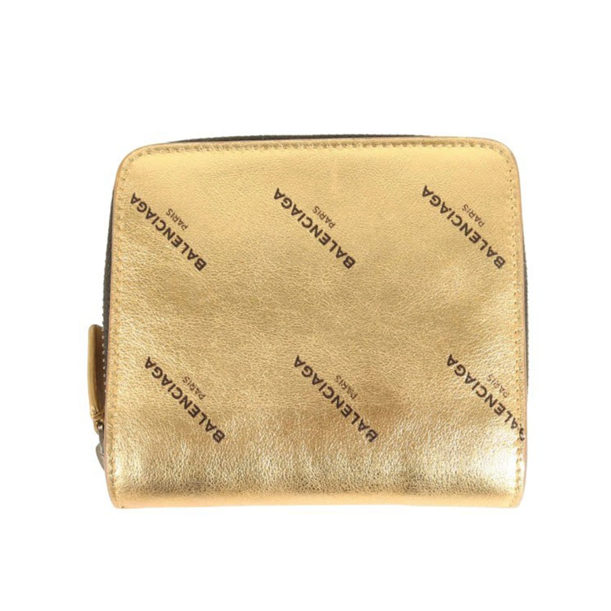 BALENCIAGA Metallic Print Wallet, Round Bifold Enamel Gold, Women's