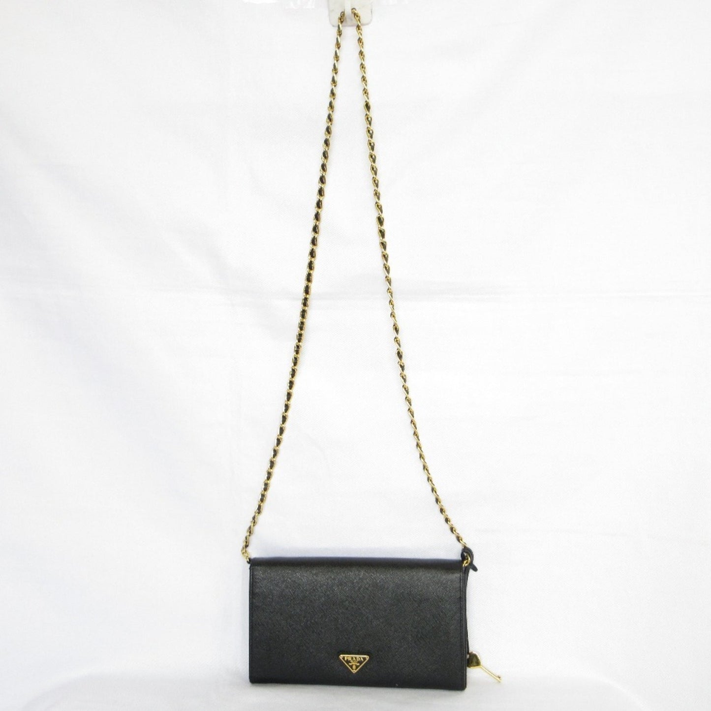 PRADA Prada Saffiano Leather Heart Motif Turn Lock Chain Wallet BT770C Black Women's