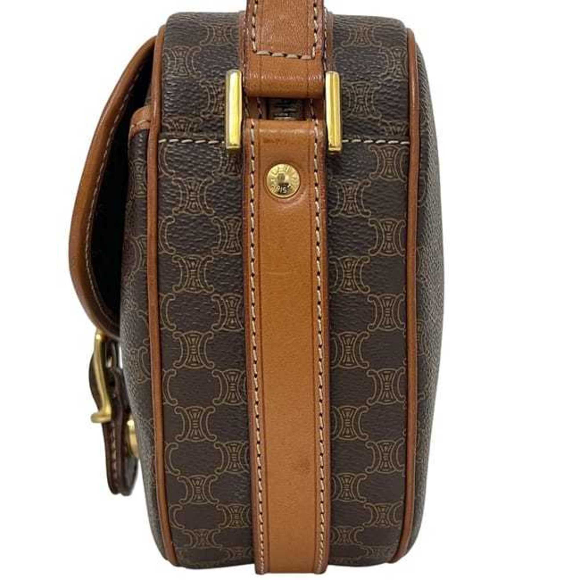 Celine Shoulder Bag ec-24655 Brown Macadam PVC Leather M11 CELINE Crossbody Round Pochette Women's Flap