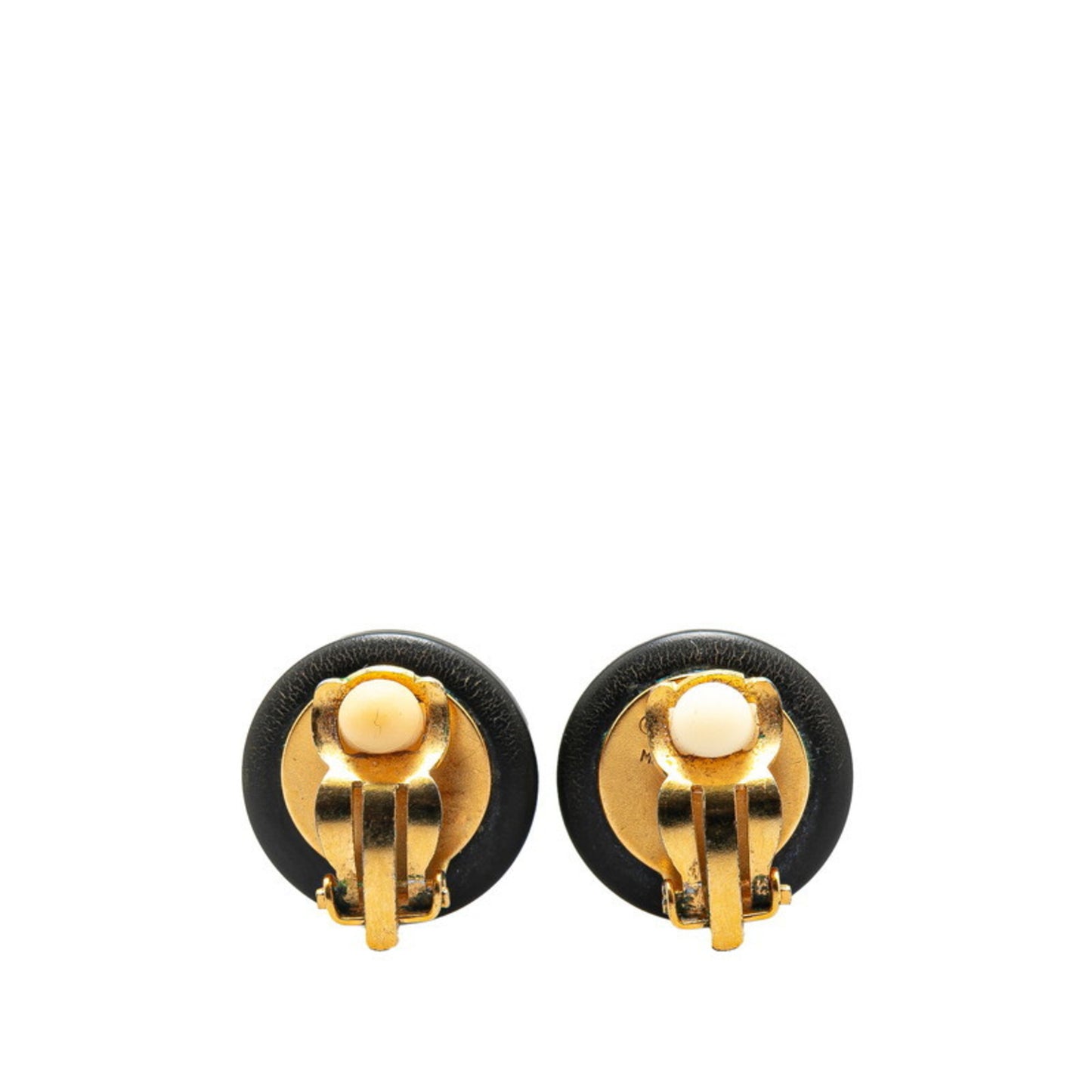 Vintage Chanel Coco Mark Round Earrings in Black and Gold, Plastic with Plated Design, Women's