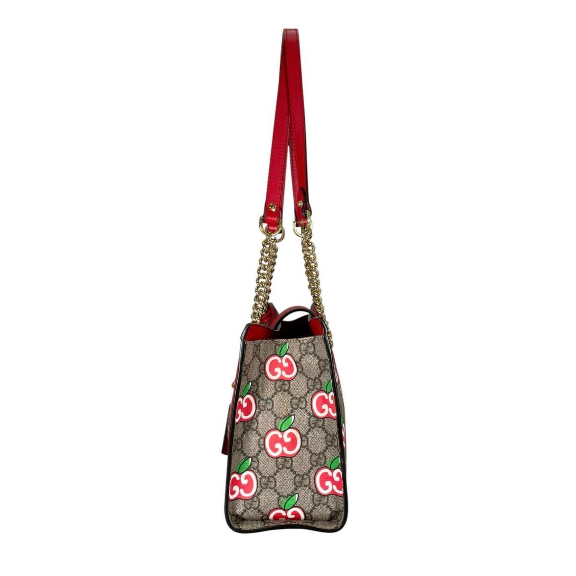 Gucci GG Apple Padlock Shoulder Bag, Canvas, 498156, Beige x Red Multicolor — Like New