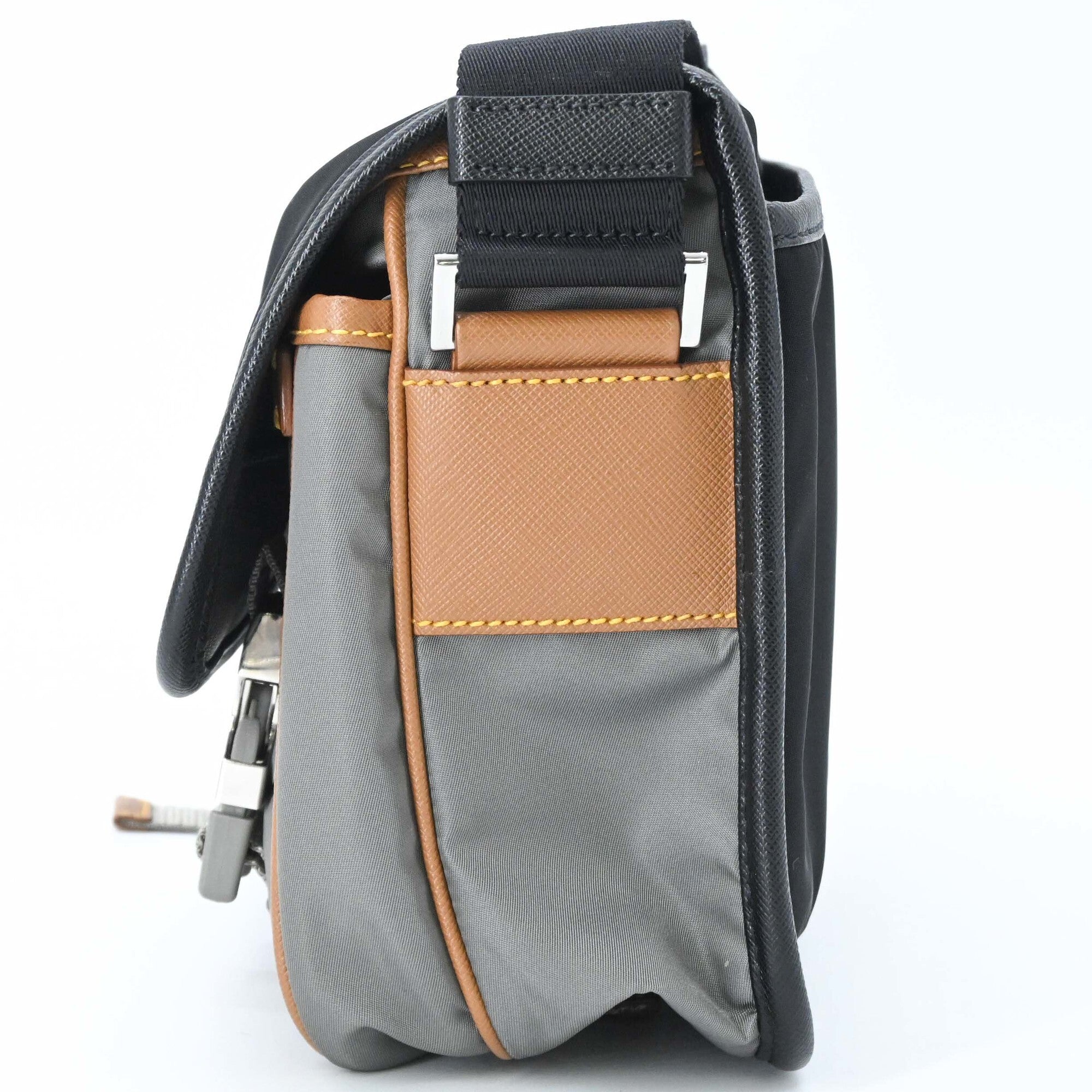 PRADA Tessuto Re-Nylon Triangle Shoulder Bag, Black, Gray, Brown, 2VD769 — New - Store Return