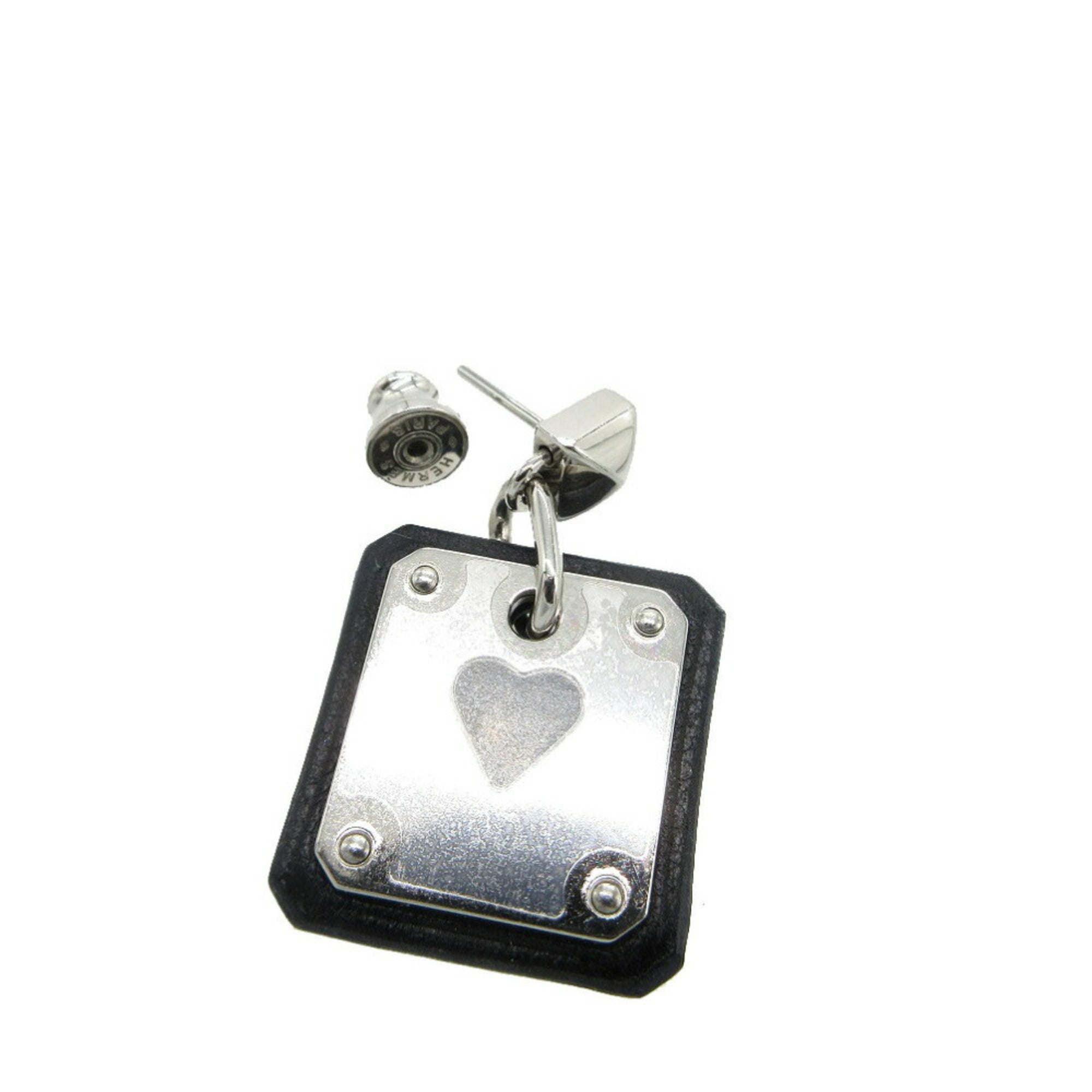 Unused Hermes As de Coeur Heart Earrings Leather/Metal Black/Silver Z Stamp 0268HERMES — New - Store Return