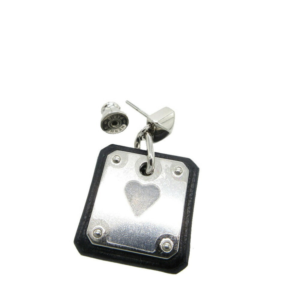 Unused Hermes As de Coeur Heart Earrings Leather/Metal Black/Silver Z Stamp 0268HERMES — New - Store Return