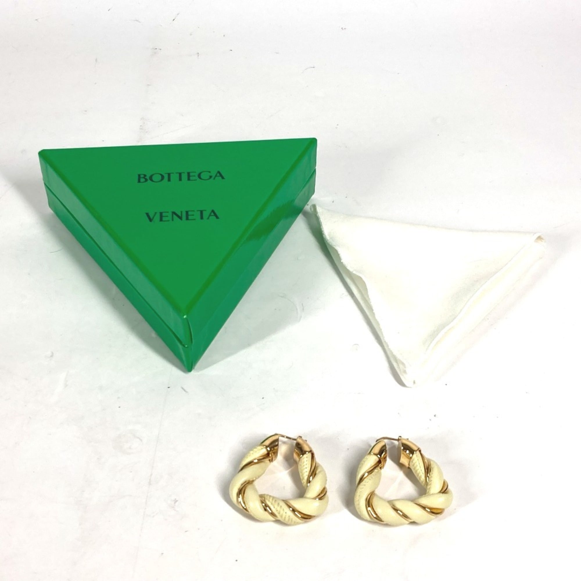 BOTTEGA VENETA Twisted Triangle Hoop Earrings, Accessories, Leather, AG925, Women's, Light Yellow — Like New
