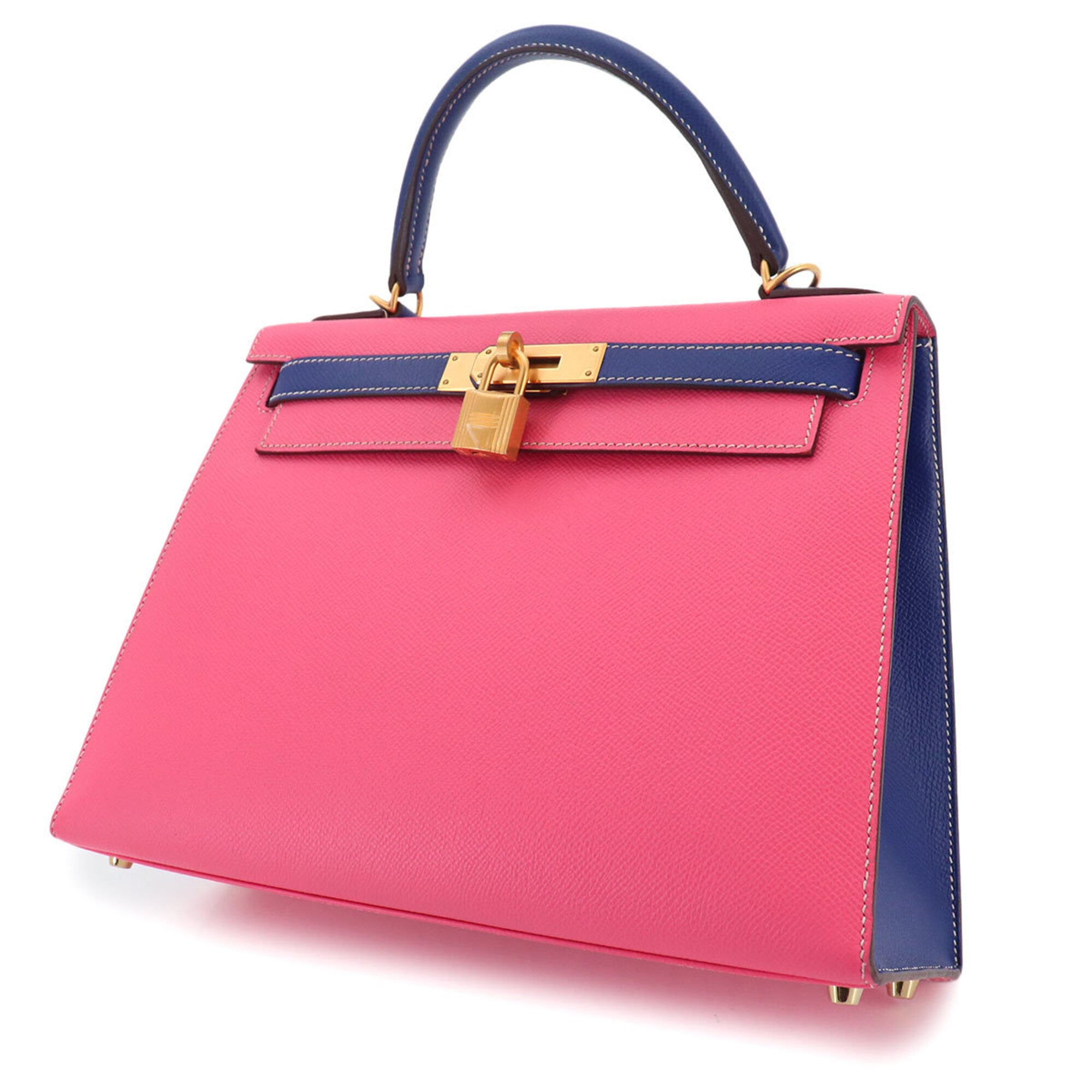Hermes Kelly 28 Personal SPO Epsom Rose Azalee Blue Electric Hand Shoulder Handbag A Stamp External Stitching Matte Gold Hardware — Like New
