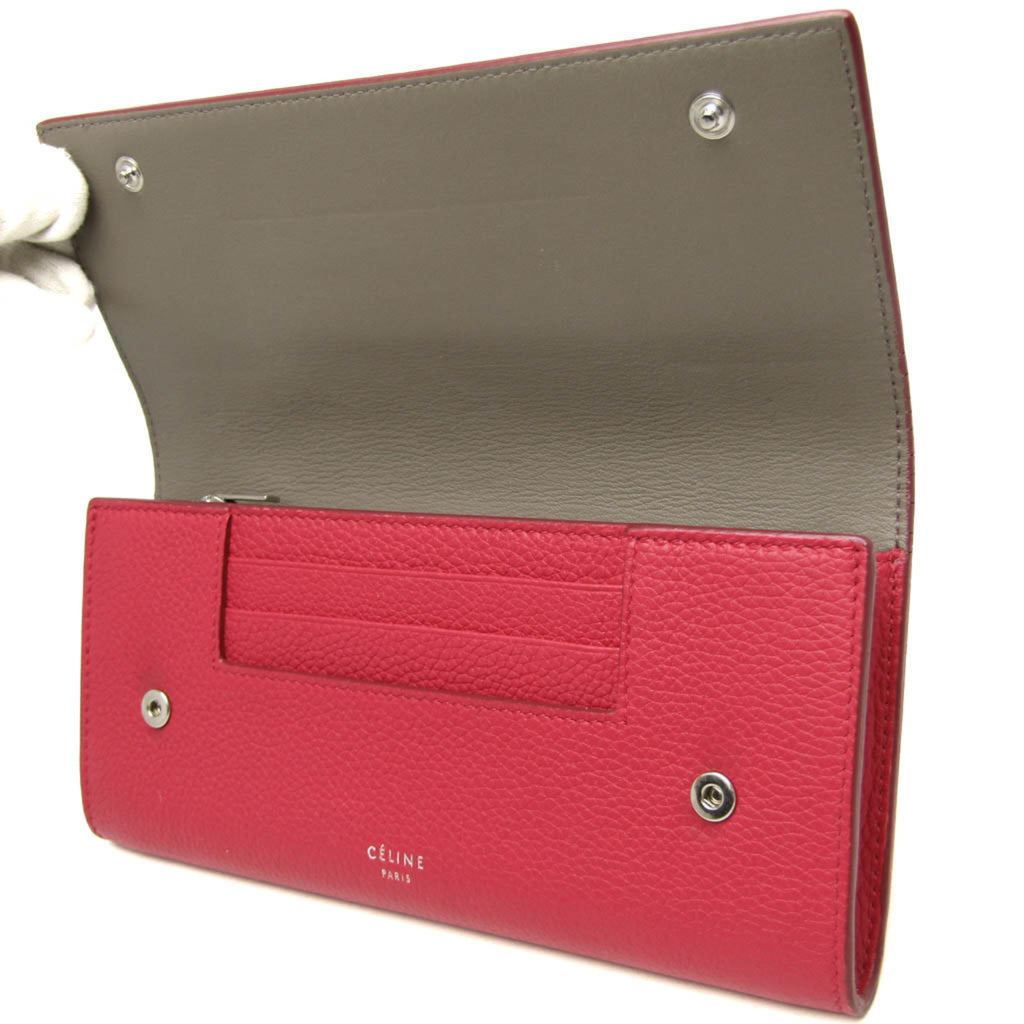 Celine Bicolor Large Flap Multifunction Women's  Calfskin Long Wallet (bi-fold) Gray,Pink Red