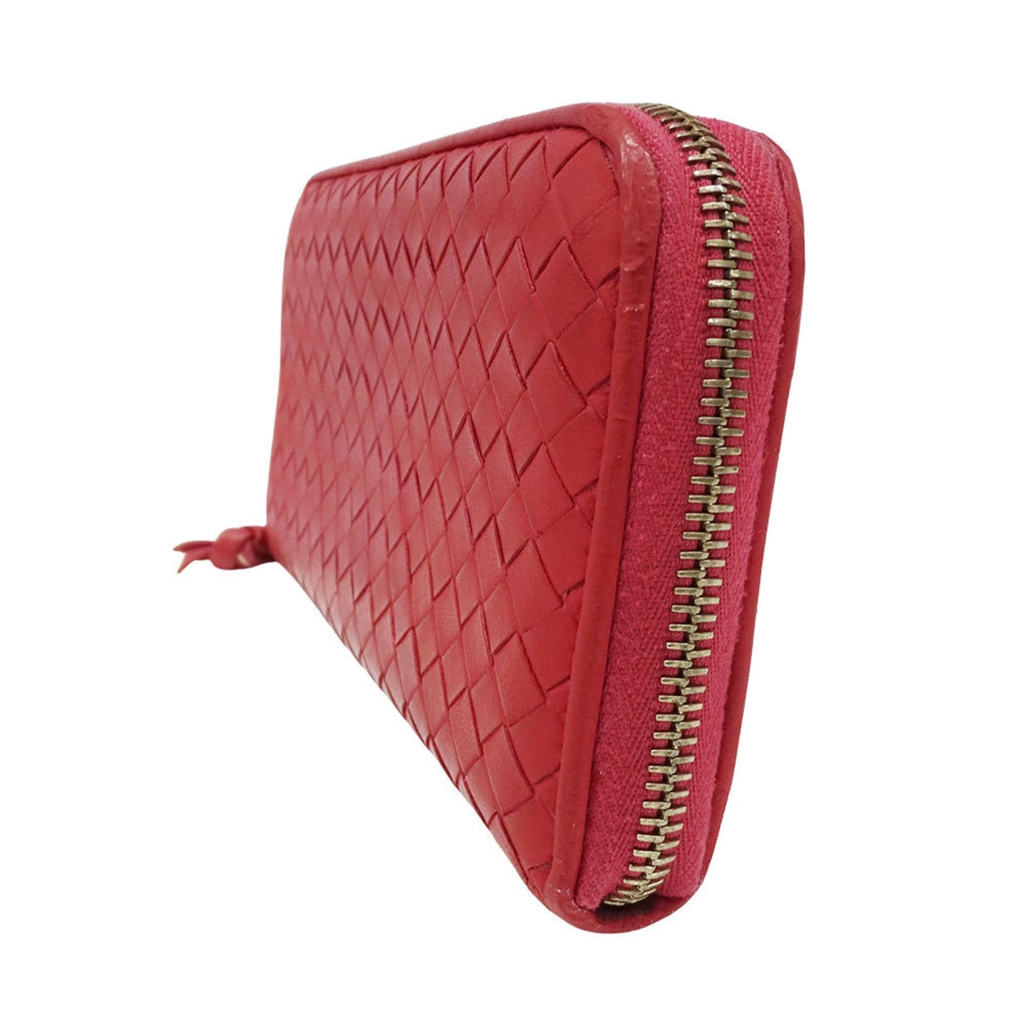 Bottega Veneta Women's Intrecciato Leather Long Wallet in Red with Round Zipper and Braided Trim