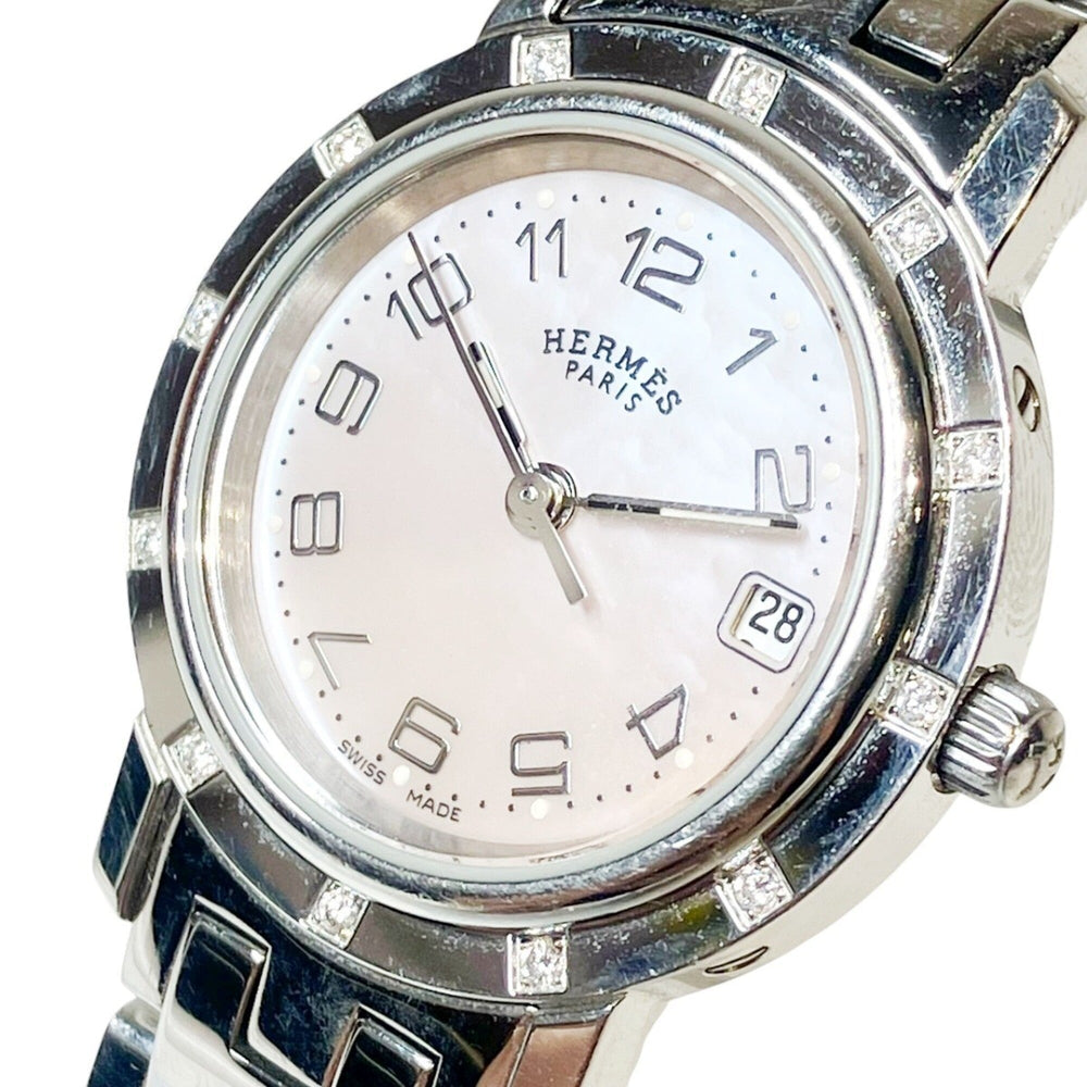 Hermes Clipper Nacre watch, total weight 42.8g, stainless steel, quartz movement, pink mother-of-pearl dial, CL4.230 — Good