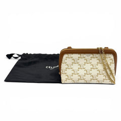 CELINE Triomphe Canvas Logo Chain Clutch Bag Shoulder Off-White Brown Made in Italy Women's Comes with Dust — Like New