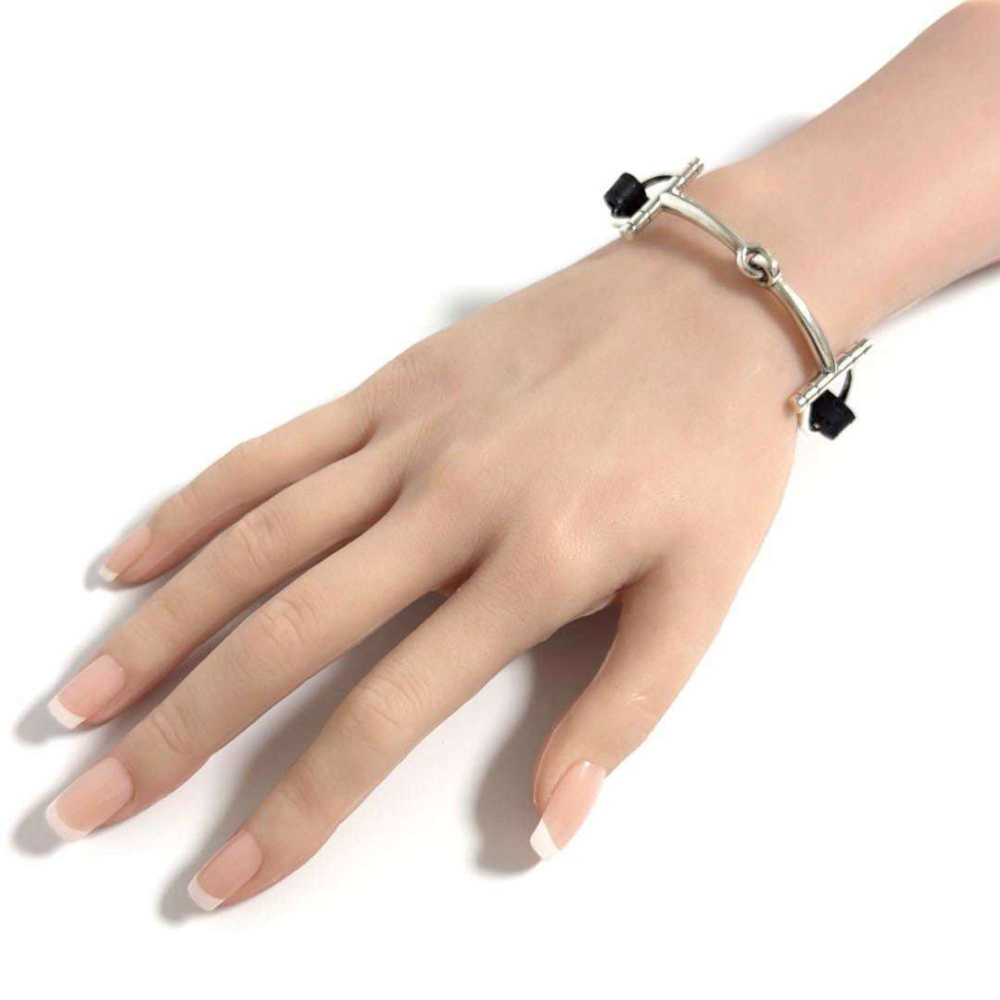 Hermes Horsebit Bracelet, Silver, Leather, Black, 16cm — Like New