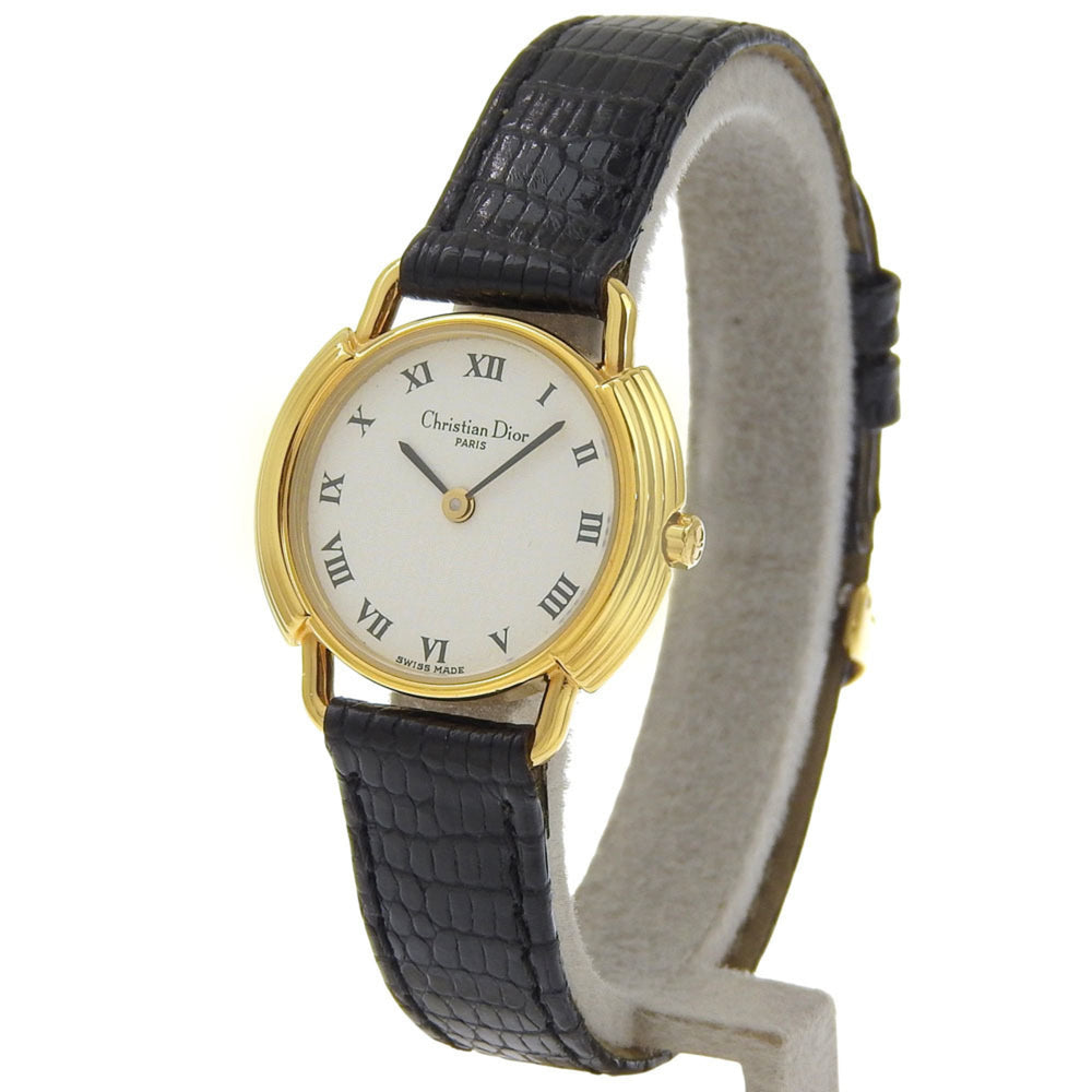 Christian Dior watch, model 58.121.2, gold-plated leather strap, gold quartz, analog, white dial, women's — Very Good
