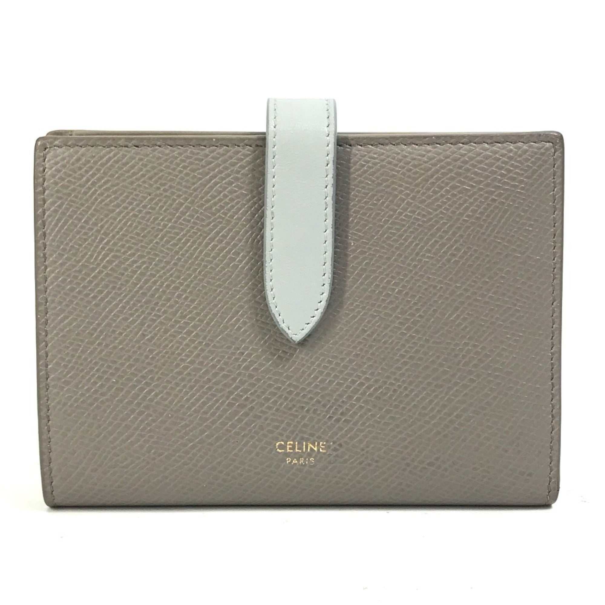 CELINE 10B643BRU.10PI Two-Tone Medium Strap Wallet, Tri-fold Leather, Women's, Pebble Mineral, Gray x Light Blue
