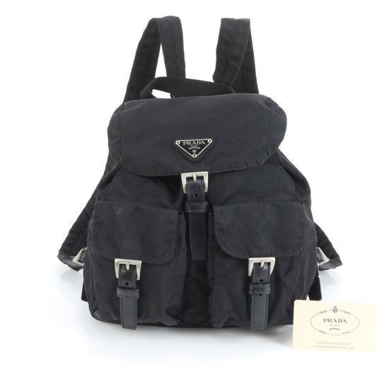 Prada Tessuto Nylon Triangle Logo Backpack Shoulder Bag in Black Leather for Women