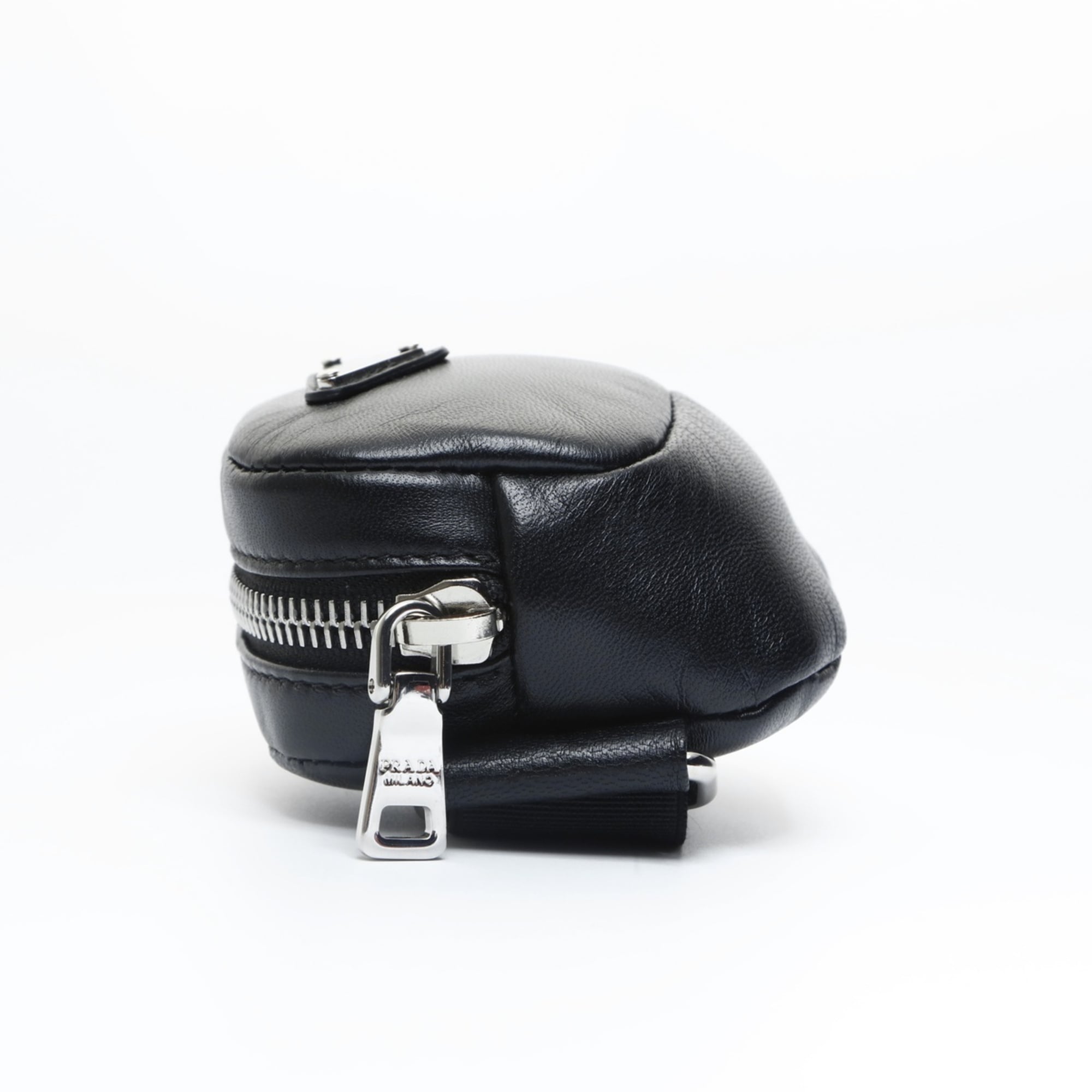 Prada Mini Leather Triangle Logo Charm Pouch in Black