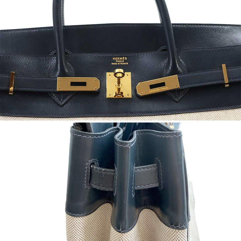 Hermes Birkin 40, Box Calf Leather, Toile H Blue Marine Beige, Handbag, 〇R Stamp, Made in 1988, Gold Hardware — Like New