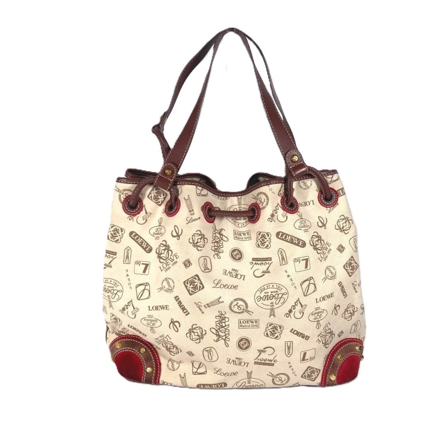 LOEWE 160th Anniversary Logo Anagram Drawstring Bag Shoulder Canvas Leather Women's Beige