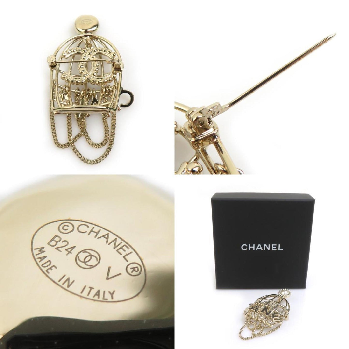 Chanel Birdcage Brooch in Metal with Faux Pearl and Stones, Gold, Women's, 90165i