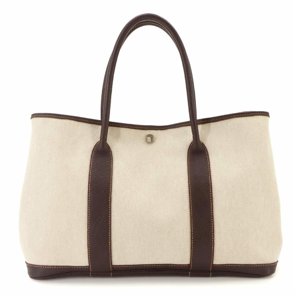 Hermes Garden 36 PM Tote Handbag, Toile H Leather, Natural Marron, □G Stamp, Silver Hardware, Party — Like New