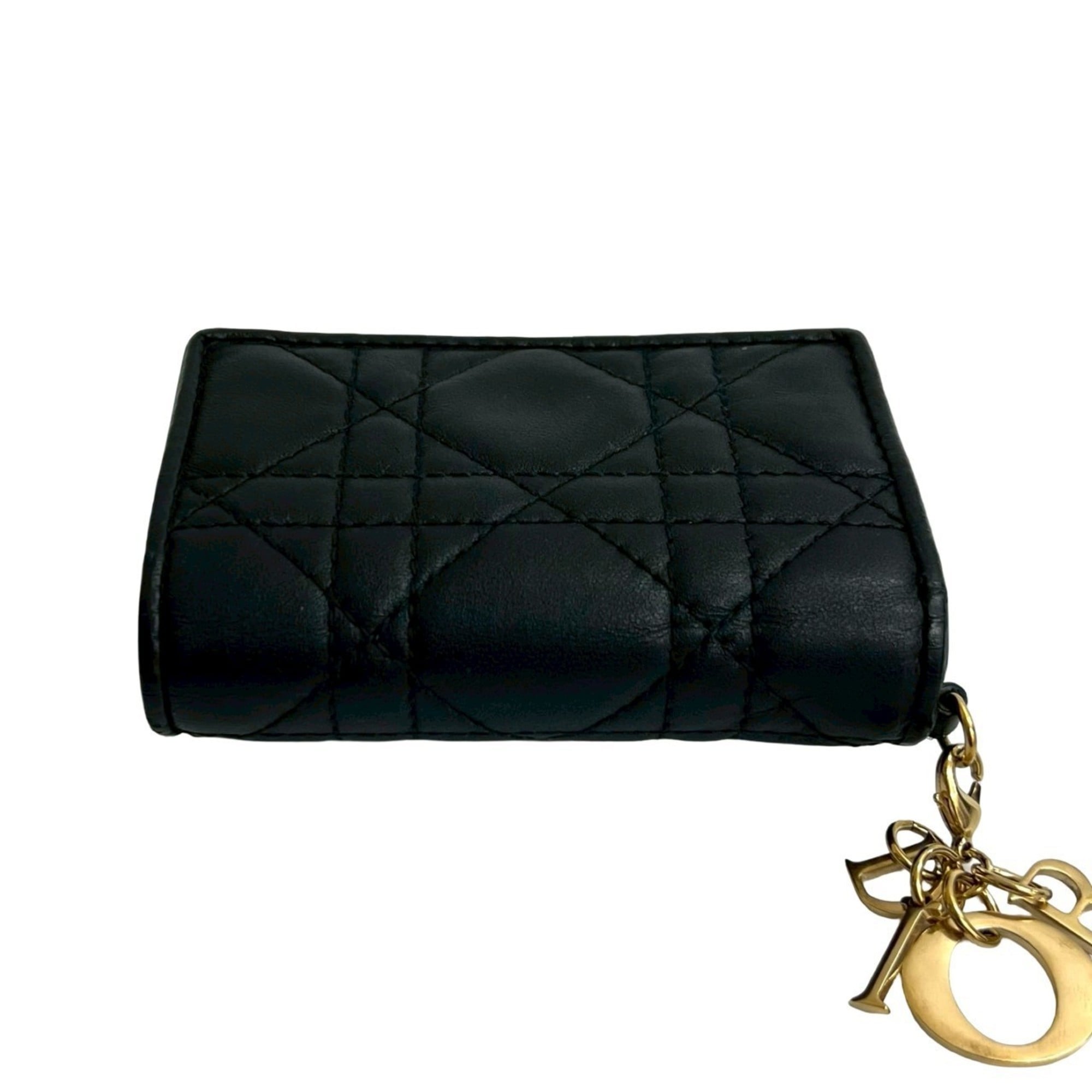 Christian Dior Cannage Stitch Logo Leather Tri-fold Wallet, Mini, Black, 13140
